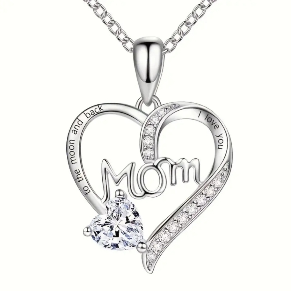 Silver & Rhinestone Mom "I Love You to the Moon & Back" Heart Pendant Necklace